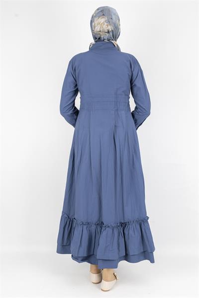 Beli Lastikli Katlı Tesettür Elbise Mavi OTW046