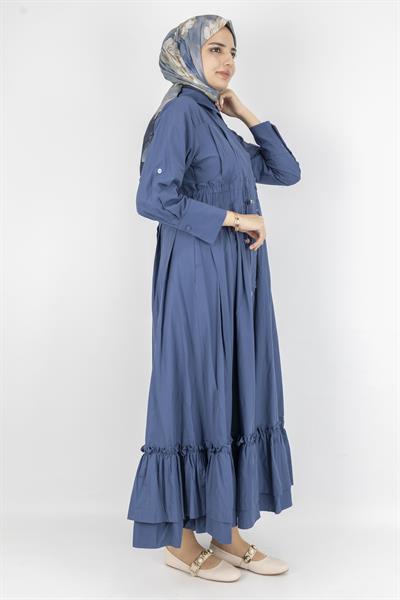 Beli Lastikli Katlı Tesettür Elbise Mavi OTW046
