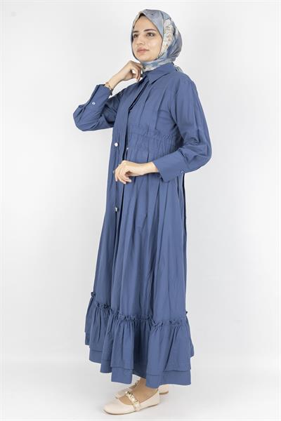 Beli Lastikli Katlı Tesettür Elbise Mavi OTW046