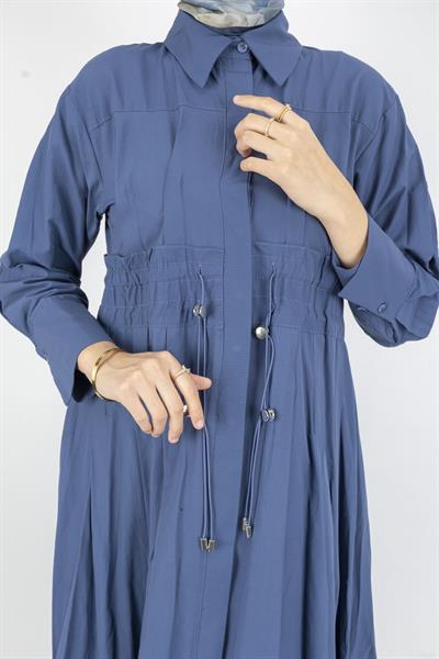 Beli Lastikli Katlı Tesettür Elbise Mavi OTW046