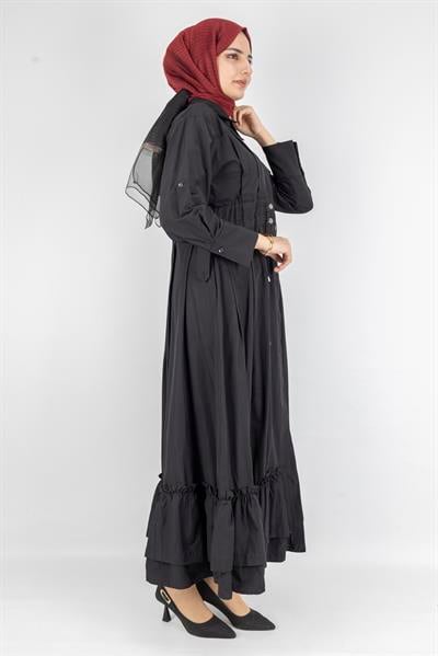Beli Lastikli Katlı Tesettür Elbise Siyah OTW046