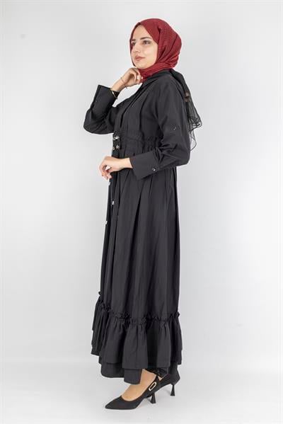 Beli Lastikli Katlı Tesettür Elbise Siyah OTW046