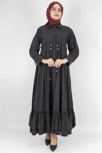 Beli Lastikli Katlı Tesettür Elbise Siyah OTW046