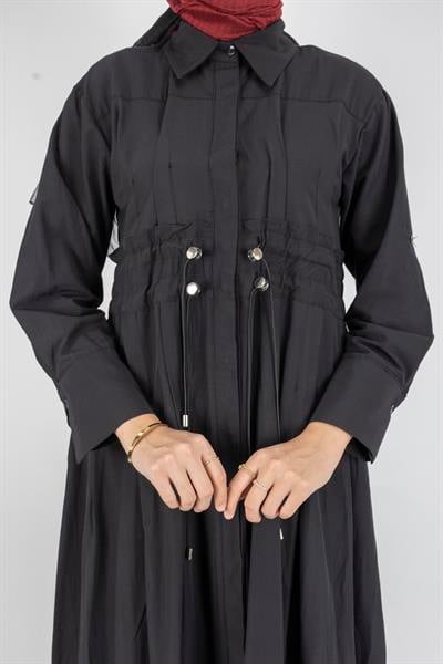 Beli Lastikli Katlı Tesettür Elbise Siyah OTW046