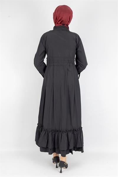 Beli Lastikli Katlı Tesettür Elbise Siyah OTW046
