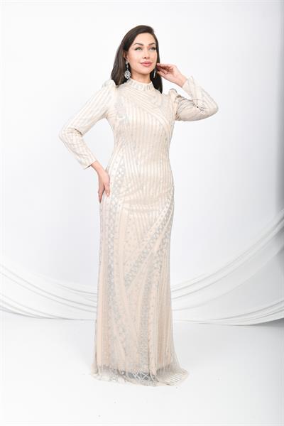 Boncuk İşlemeli Abiye Elbise Bej OTW3109