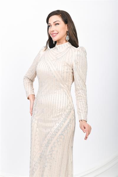 Boncuk İşlemeli Abiye Elbise Bej OTW3109