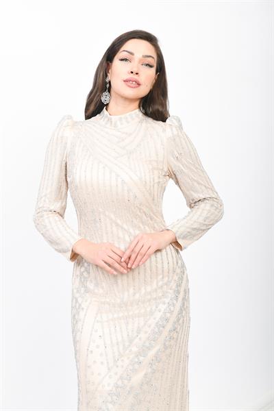 Boncuk İşlemeli Abiye Elbise Bej OTW3109