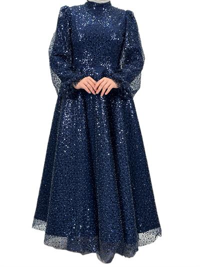 Boncuk İşlemeli Abiye Elbise Lacivert OTW4417