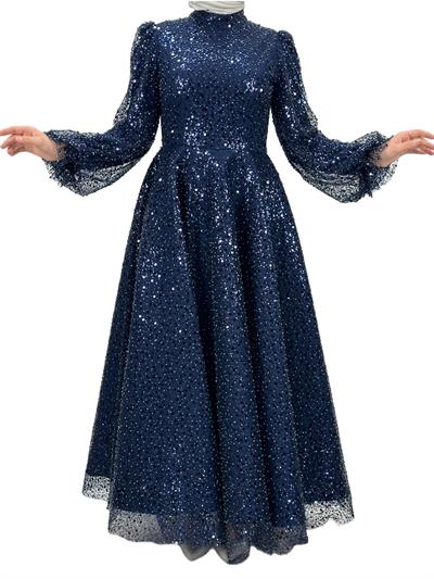 Boncuk İşlemeli Abiye Elbise Lacivert OTW4417