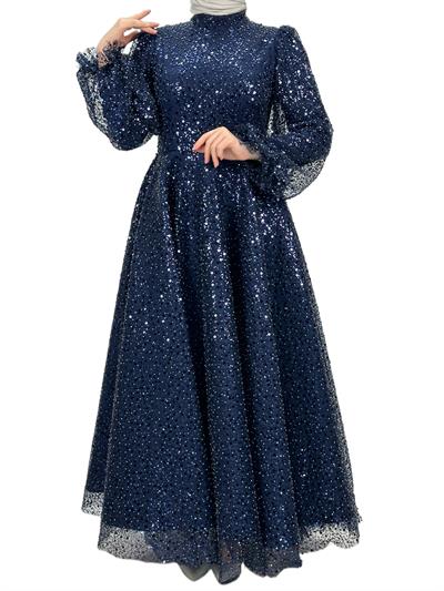 Boncuk İşlemeli Abiye Elbise Lacivert OTW4417