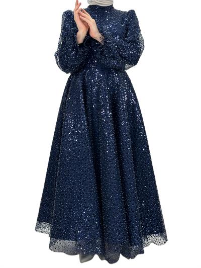 Boncuk İşlemeli Abiye Elbise Lacivert OTW4417