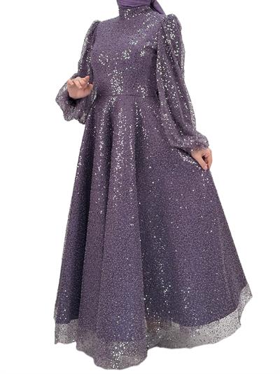 Boncuk İşlemeli Abiye Elbise Lila OTW4417