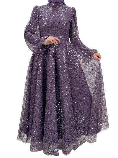 Boncuk İşlemeli Abiye Elbise Lila OTW4417