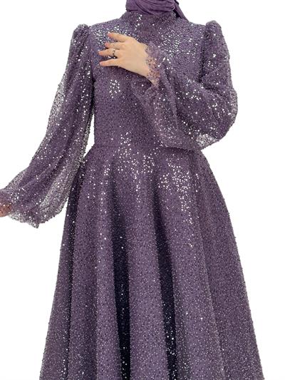 Boncuk İşlemeli Abiye Elbise Lila OTW4417