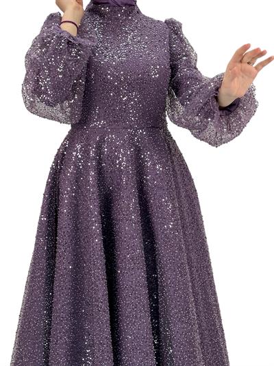 Boncuk İşlemeli Abiye Elbise Lila OTW4417