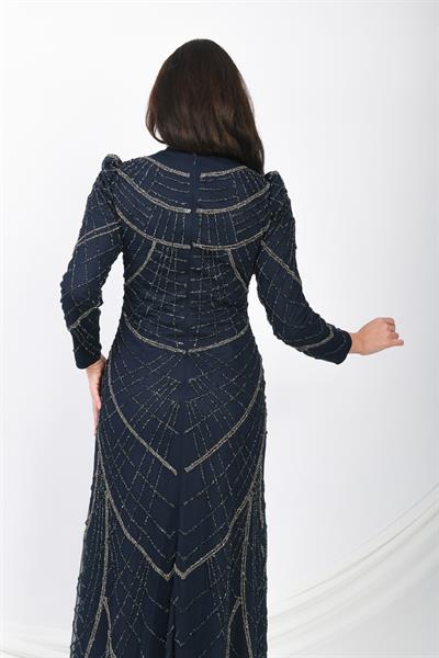Boncuk İşlemeli Uzun Abiye Elbise Lacivert OTW3104