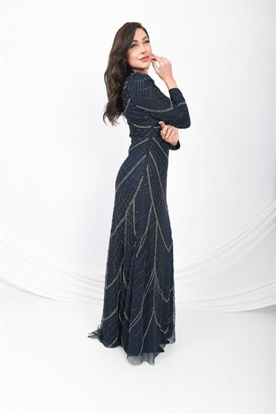 Boncuk İşlemeli Uzun Abiye Elbise Lacivert OTW3104