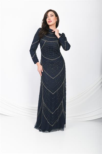 Boncuk İşlemeli Uzun Abiye Elbise Lacivert OTW3104