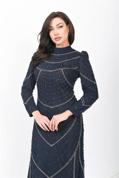 Boncuk İşlemeli Uzun Abiye Elbise Lacivert OTW3104