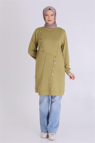Boncuk ve Pul Detaylı Tunik Olive OTW2058