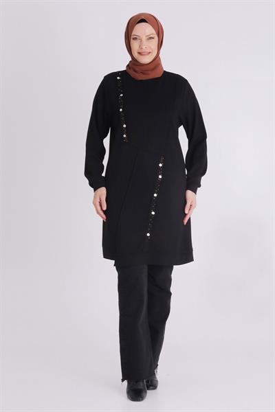Boncuk ve Pul Detaylı Tunik Siyah OTW2058