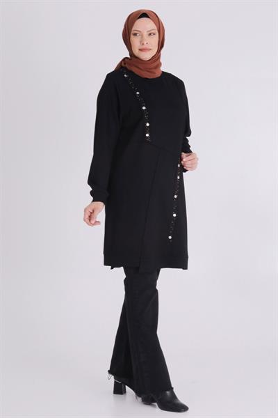 Boncuk ve Pul Detaylı Tunik Siyah OTW2058
