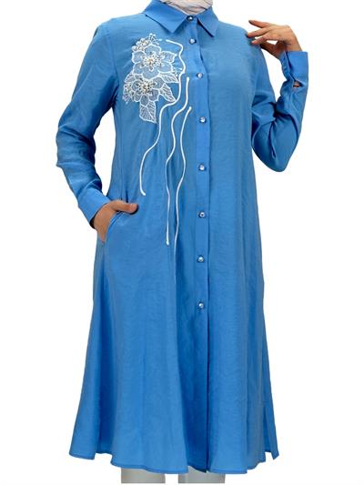Boydan Düğmeli Tunik Mavi OTW1269