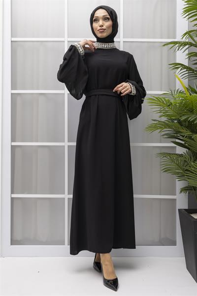Boynu Taşlı Abiye Elbise Siyah OTW4581