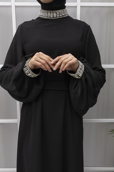 Boynu Taşlı Abiye Elbise Siyah OTW4581