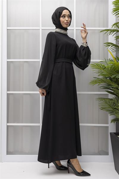 Boynu Taşlı Abiye Elbise Siyah OTW4581