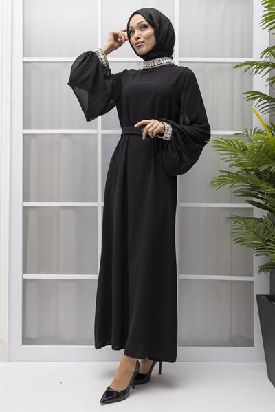 Boynu Taşlı Abiye Elbise Siyah OTW4581