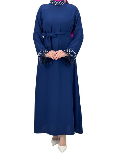 Boyun ve Bilek Kısımları Taşlı ve Tüylü Abiye Mavi OTW4431