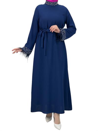 Boyun ve Bilek Kısımları Taşlı ve Tüylü Abiye Mavi OTW4431