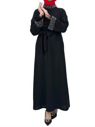 Boyun ve Bilek Kısımları Taşlı ve Tüylü Abiye Siyah OTW4431
