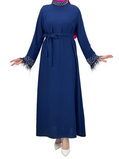 Boyun ve Bilek Kısımları Taşlı ve Tüylü Abiye Mavi OTW4431