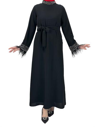 Boyun ve Bilek Kısımları Taşlı ve Tüylü Abiye Siyah OTW4431