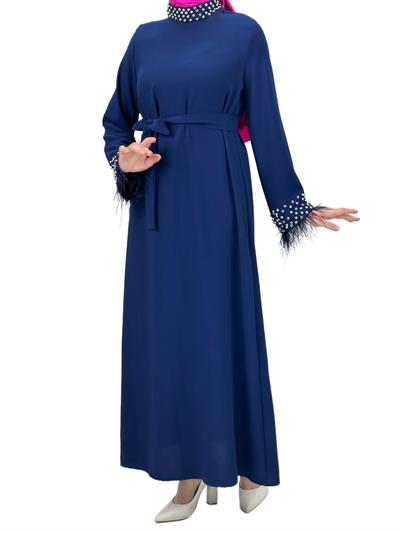 Boyun ve Bilek Kısımları Taşlı ve Tüylü Abiye Mavi OTW4431