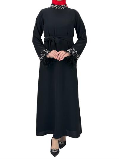 Boyun ve Bilek Kısımları Taşlı ve Tüylü Abiye Siyah OTW4431