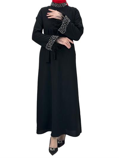Boyun ve Bilek Kısımları Taşlı ve Tüylü Abiye Siyah OTW4431