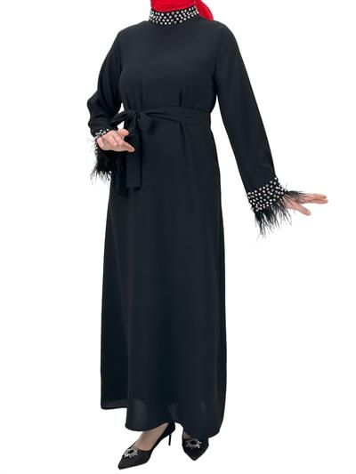 Boyun ve Bilek Kısımları Taşlı ve Tüylü Abiye Siyah OTW4431