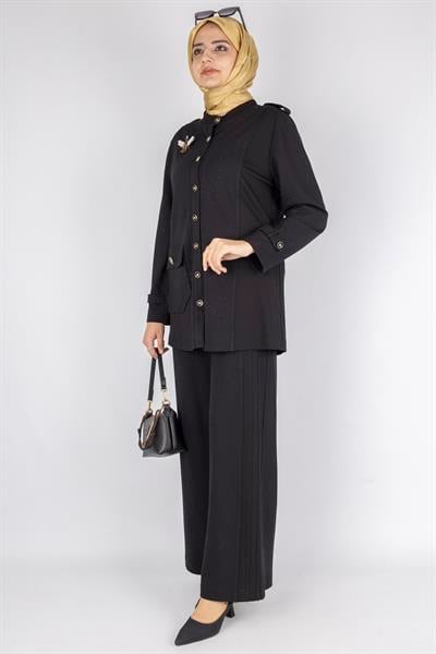 Broşlu Cep Kapaklı Tunikli Pantolon Takımı Siyah OTW1127