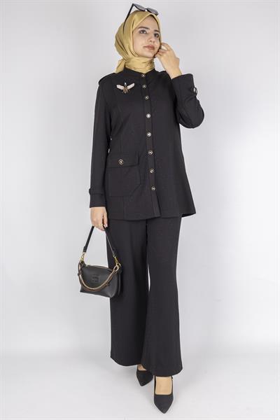 Broşlu Cep Kapaklı Tunikli Pantolon Takımı Siyah OTW1127
