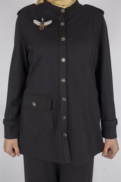 Broşlu Cep Kapaklı Tunikli Pantolon Takımı Siyah OTW1127