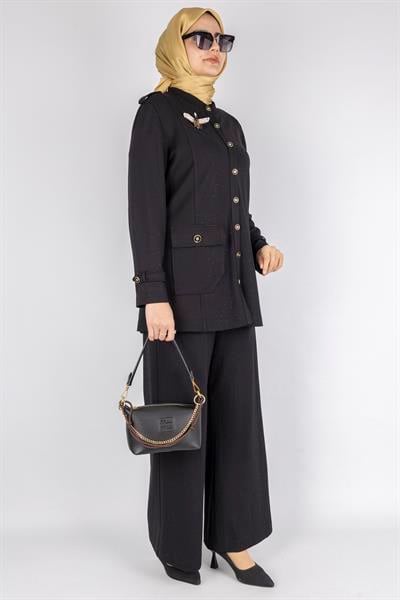 Broşlu Cep Kapaklı Tunikli Pantolon Takımı Siyah OTW1127