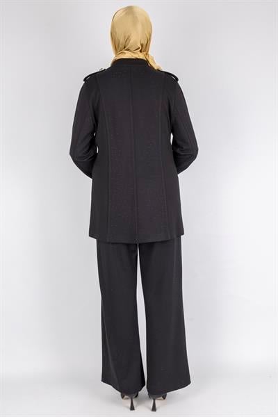 Broşlu Cep Kapaklı Tunikli Pantolon Takımı Siyah OTW1127