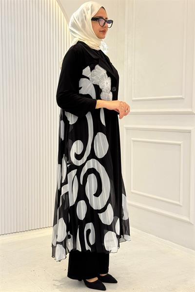 Büyük Beden Abaya ve İç Elbise Takım Siyah-Beyaz OTW6012