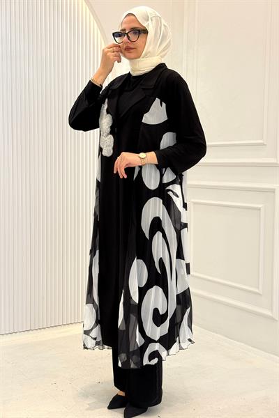 Büyük Beden Abaya ve İç Elbise Takım Siyah-Beyaz OTW6012