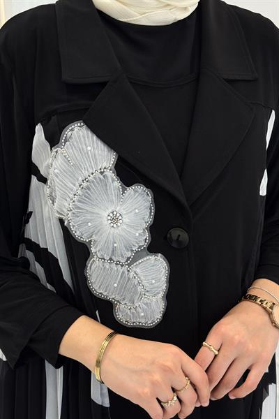 Büyük Beden Abaya ve İç Elbise Takım Siyah-Beyaz OTW6012