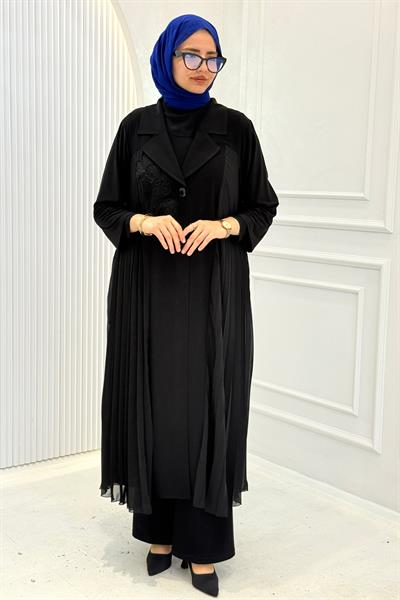 Büyük Beden Abaya ve İç Elbise Takım Siyah OTW6012